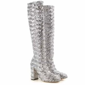 DOLCE AND GABBANA Silver Sequin Knee-High Boots
